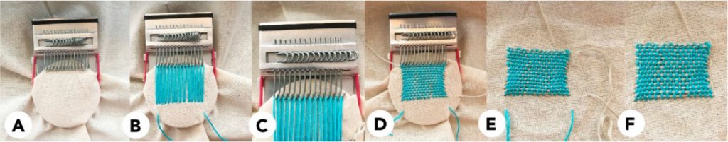 This image visualises the darning process: (A) Preparing darning loom on fabric, (B) Warp, (C) Switching warp hooks brings opposing threads to the top for easy threading, (D) Weft, (E) Take fabric off loom, (F) Tidy and knot threads on the back.